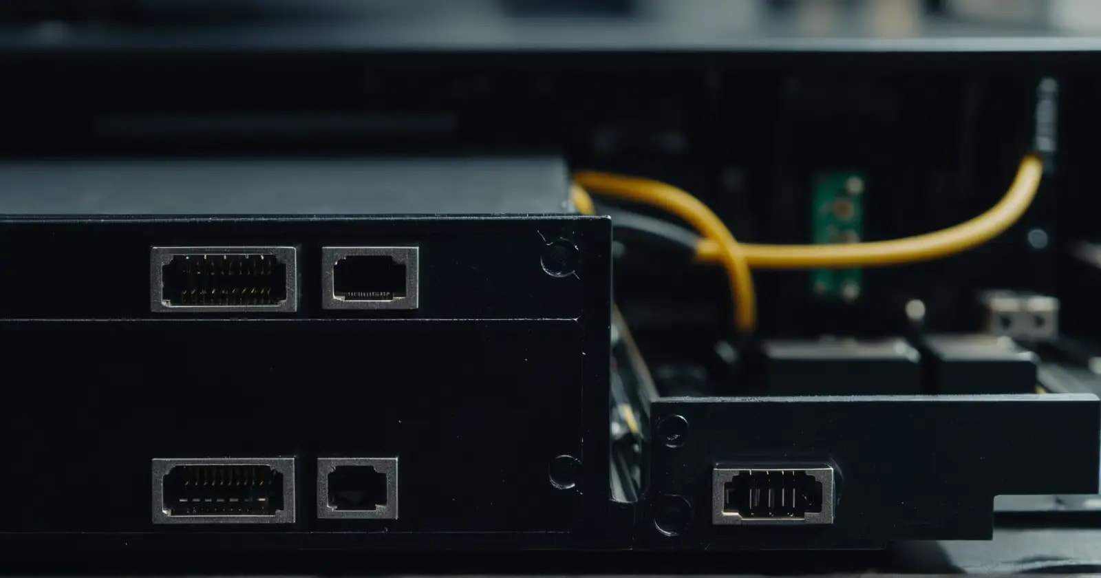 Un disco de estado sólido conectado a la placa base mostrando sus conectores sata de datos y energía