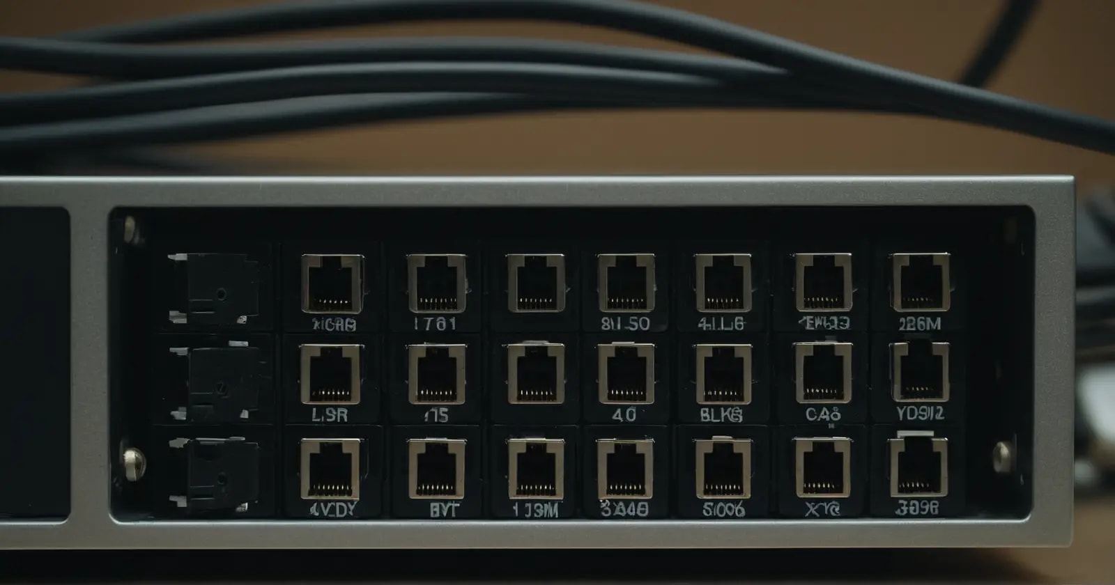 Tomas cercanas de un conmutador de red moderno y puertos ethernet para el estándar IEEE 802.3az