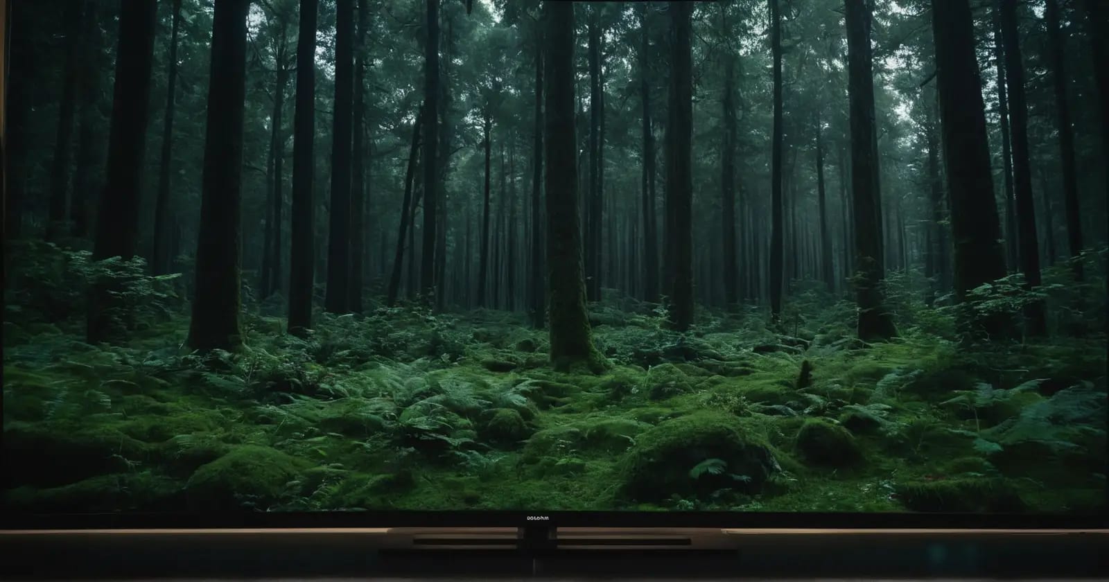 Televisor oled panorámico mostrando un paisaje forestal cinemático en formato 21:9