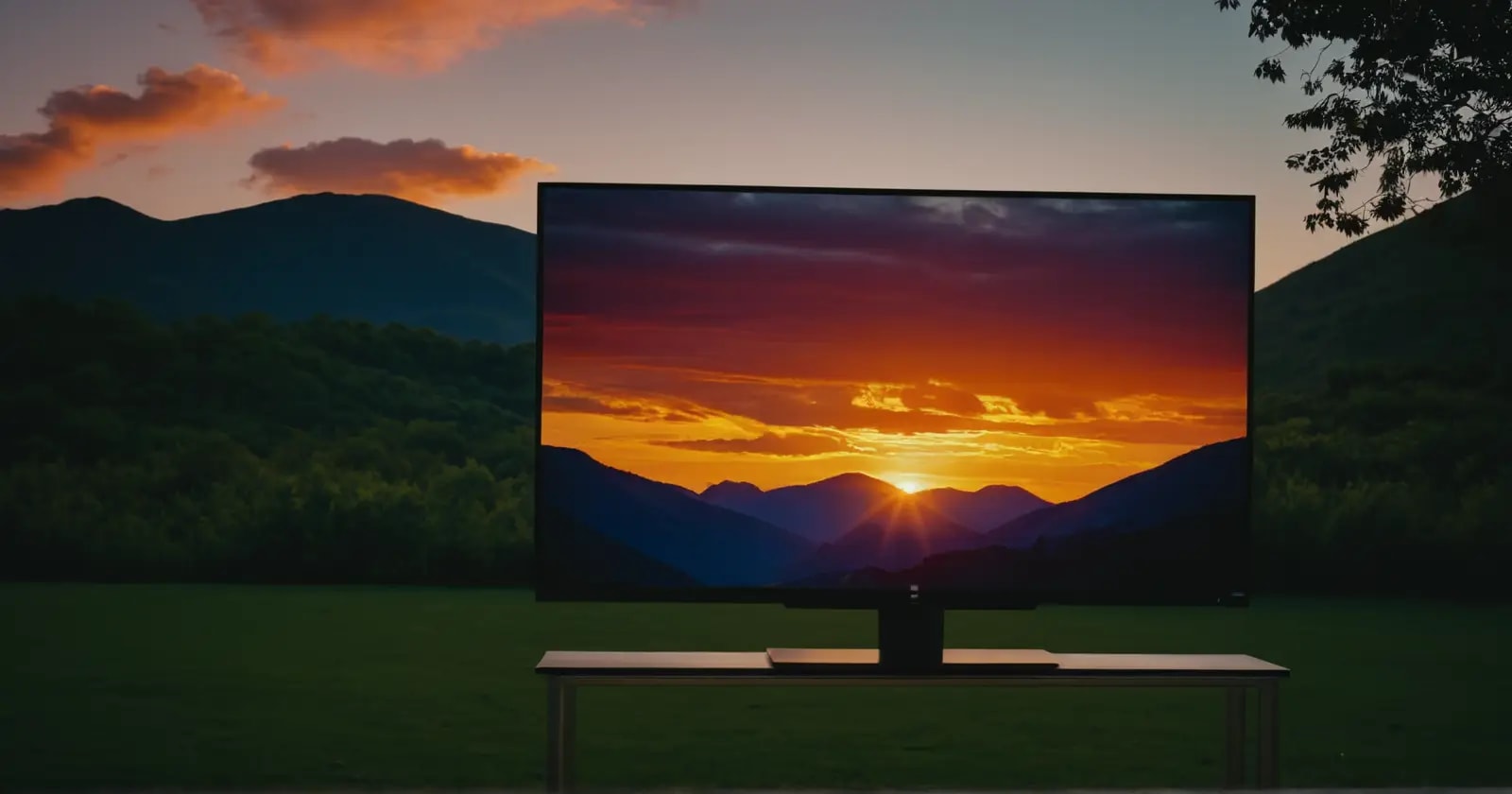 televisor oled mostrando un atardecer vívido en montañas con alto contraste y colores saturados