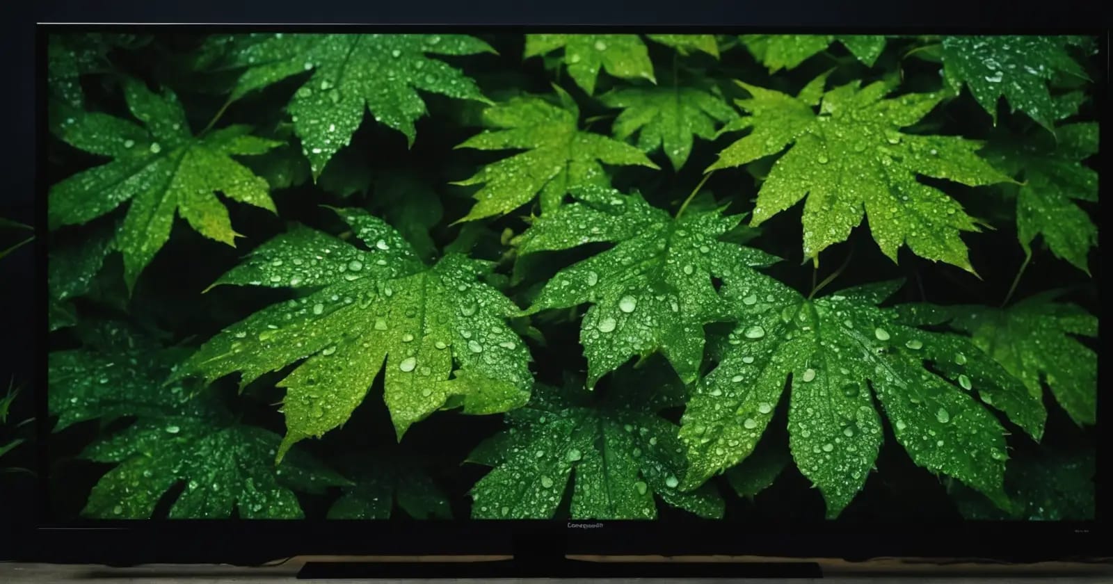 Televisor OLED de gran formato muestra macrofotografía detallada de hojas tropicales en alta calidad 8k