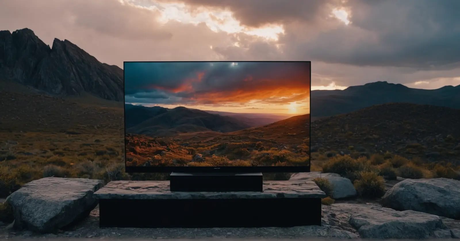 Televisión OLED mostrando atardecer detallado con alto contraste y gradientes de nubes vibrantes