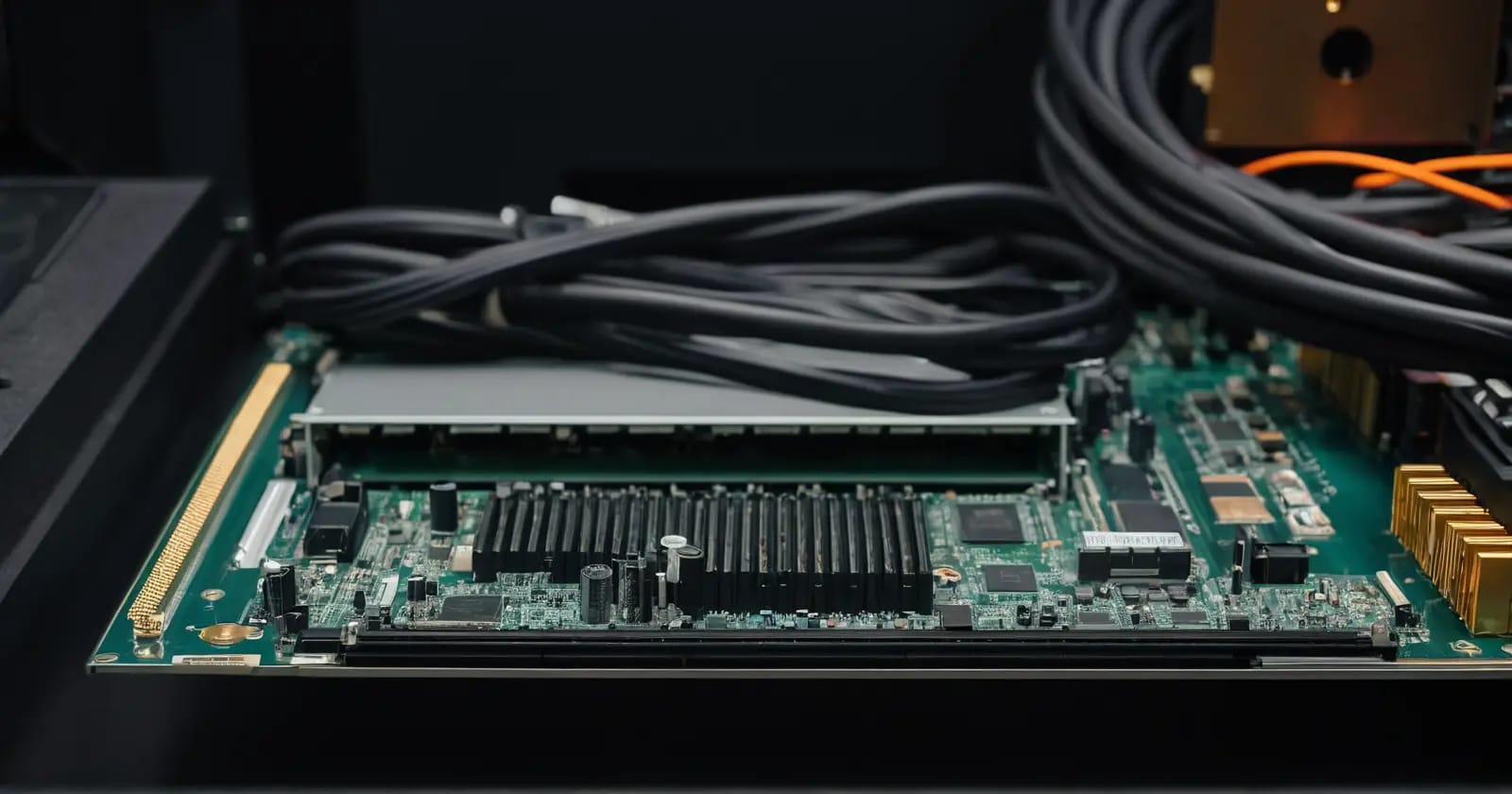 Tarjeta madre con ranura pci express mostrando una tarjeta gráfica instalada y conexiones internas
