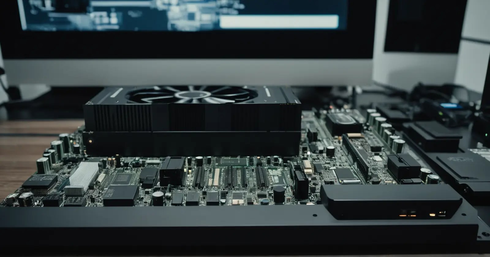 Tarjeta de acelerador modular de gpu para cómputo e inteligencia artificial sobre un escritorio técnico