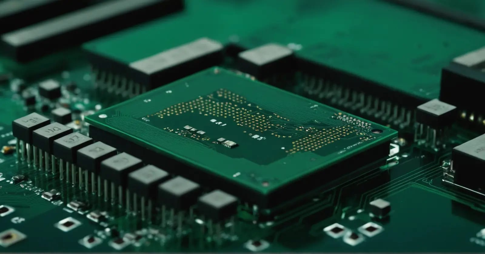 Tarjeta circuita verde mostrando zócalo de cpu, ranuras de ram y memoria flash para el firmware del sistema