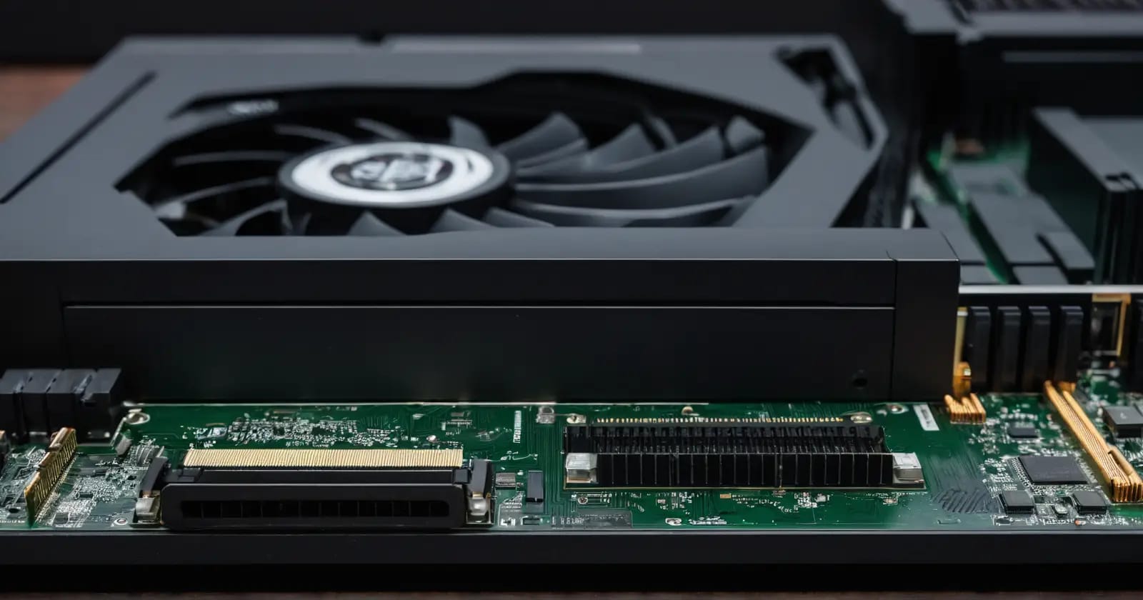 SSD nvme de alta velocidad en ranura pcie gen 5 y tarjeta gráfica moderna visible