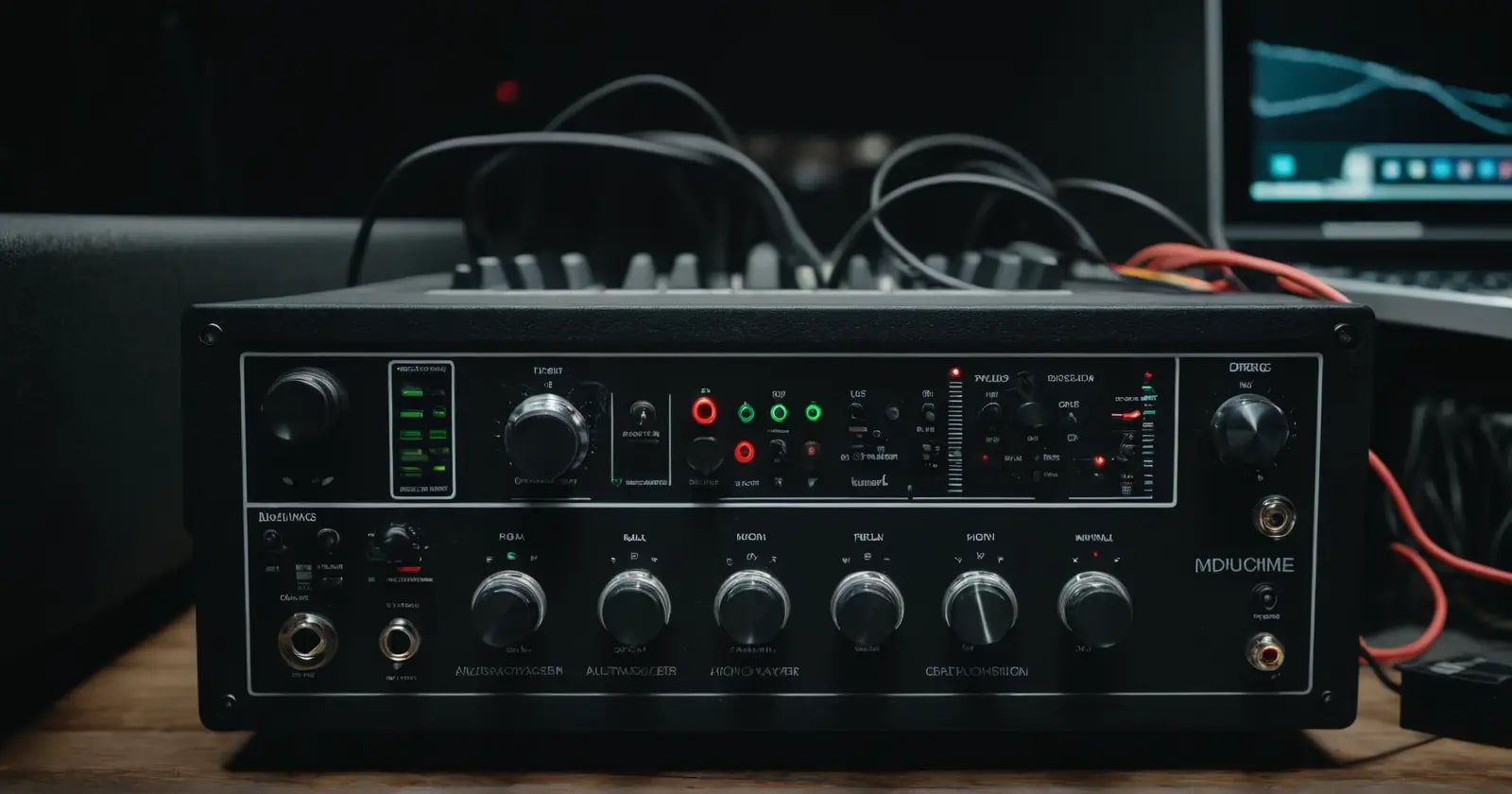 Sintetizador modular conectado por cables a una interfaz de audio y portátil midiendo señales midi