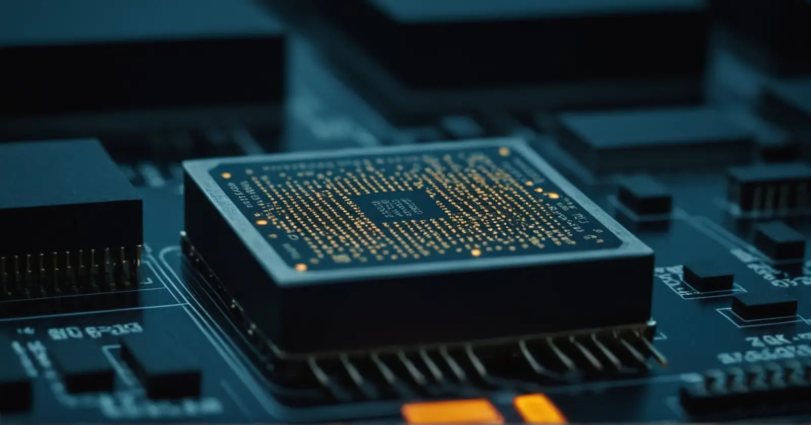 silicio microchip mostrando bloques funcionales de procesamiento como motor de ejecución y unidad de control del sistema
