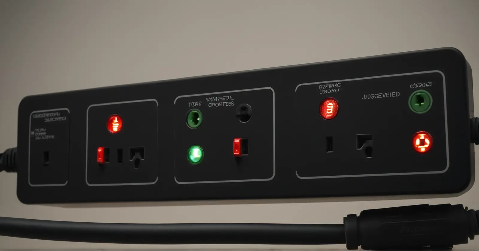 Regleta protectora con enchufes aterrizados y diagrama interno de componentes transitorios para sobretensiones
