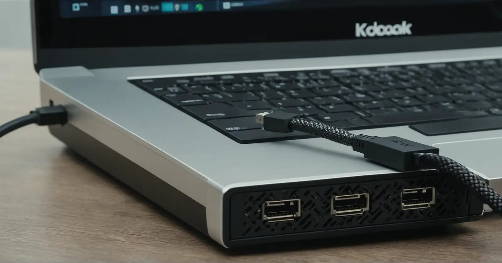 Puerto usb4 conectando estación base que alimenta múltiples monitores y disco nvme externo para datos rápidos