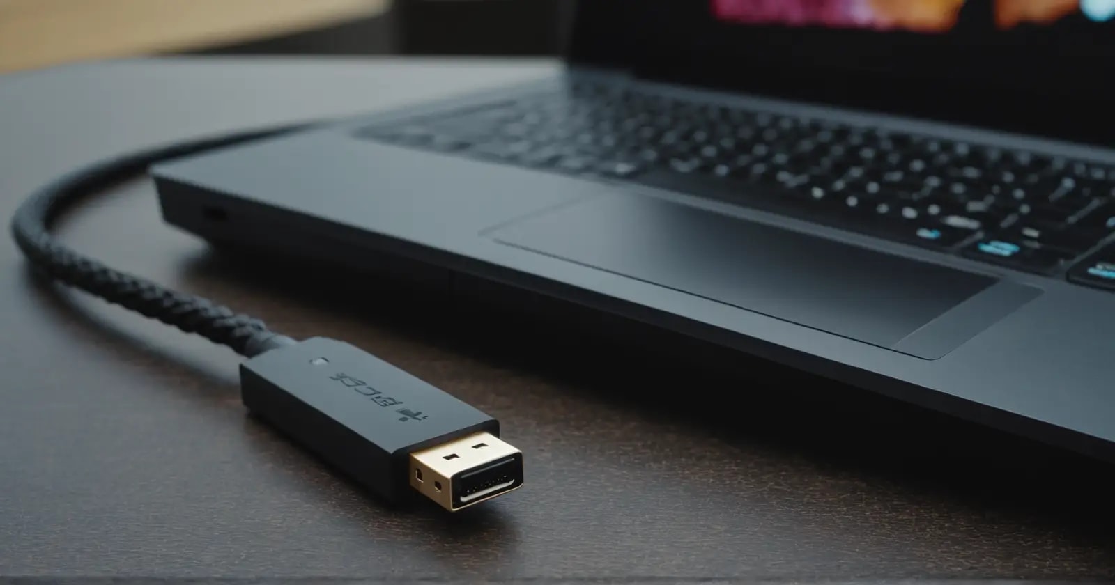 Puerto usb-c con cable trenzado conectado a un monitor portátil mostrando datos de vídeo