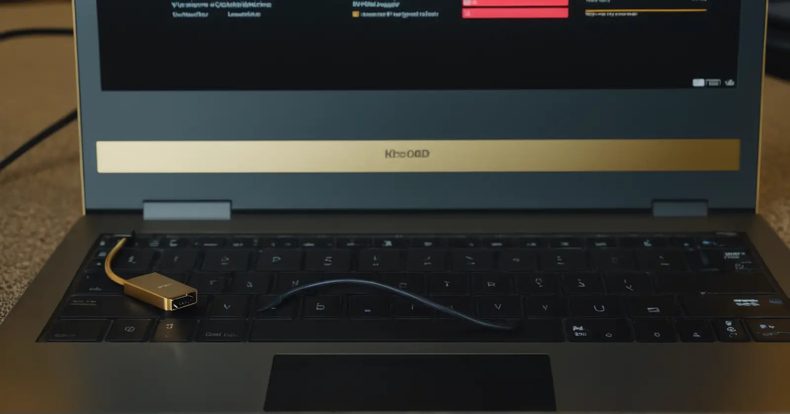 Puerto usb c con tres cables y resultados de prueba de velocidad en pantalla