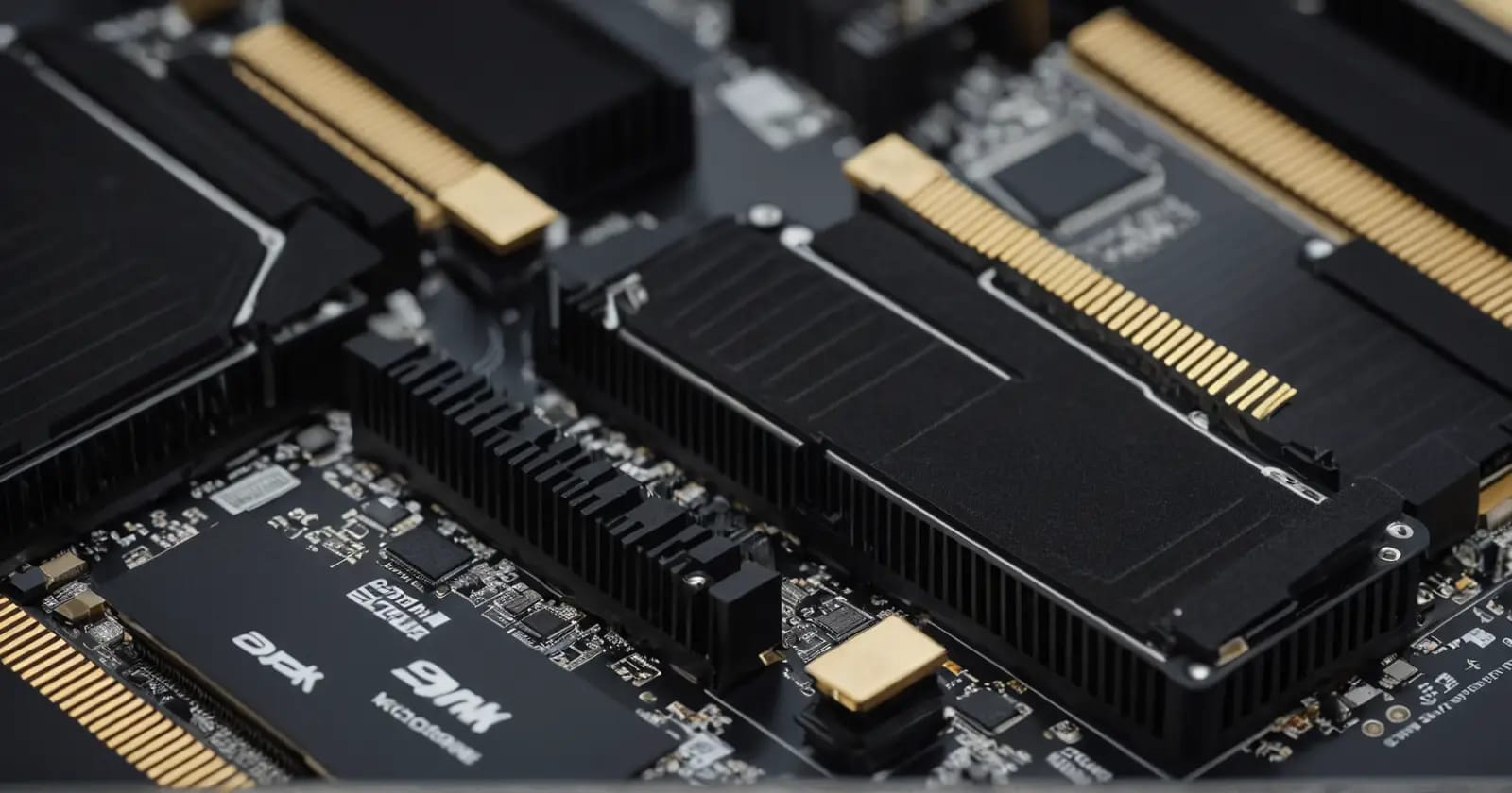 Primer plano técnico de módulos ddr4 instalados en la placa madre para ver sus contactos dorados