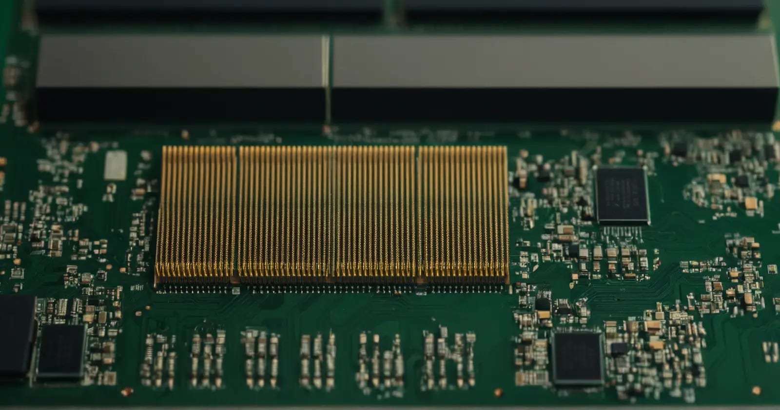 Primer plano macro del bus de memoria gpu, mostrando chips GDDR6 y las rutas de datos para alto ancho de banda