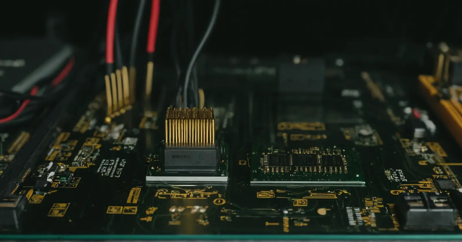 Primer plano del socket de cpu y la placa base con sondas midiendo los voltajes para overclocking
