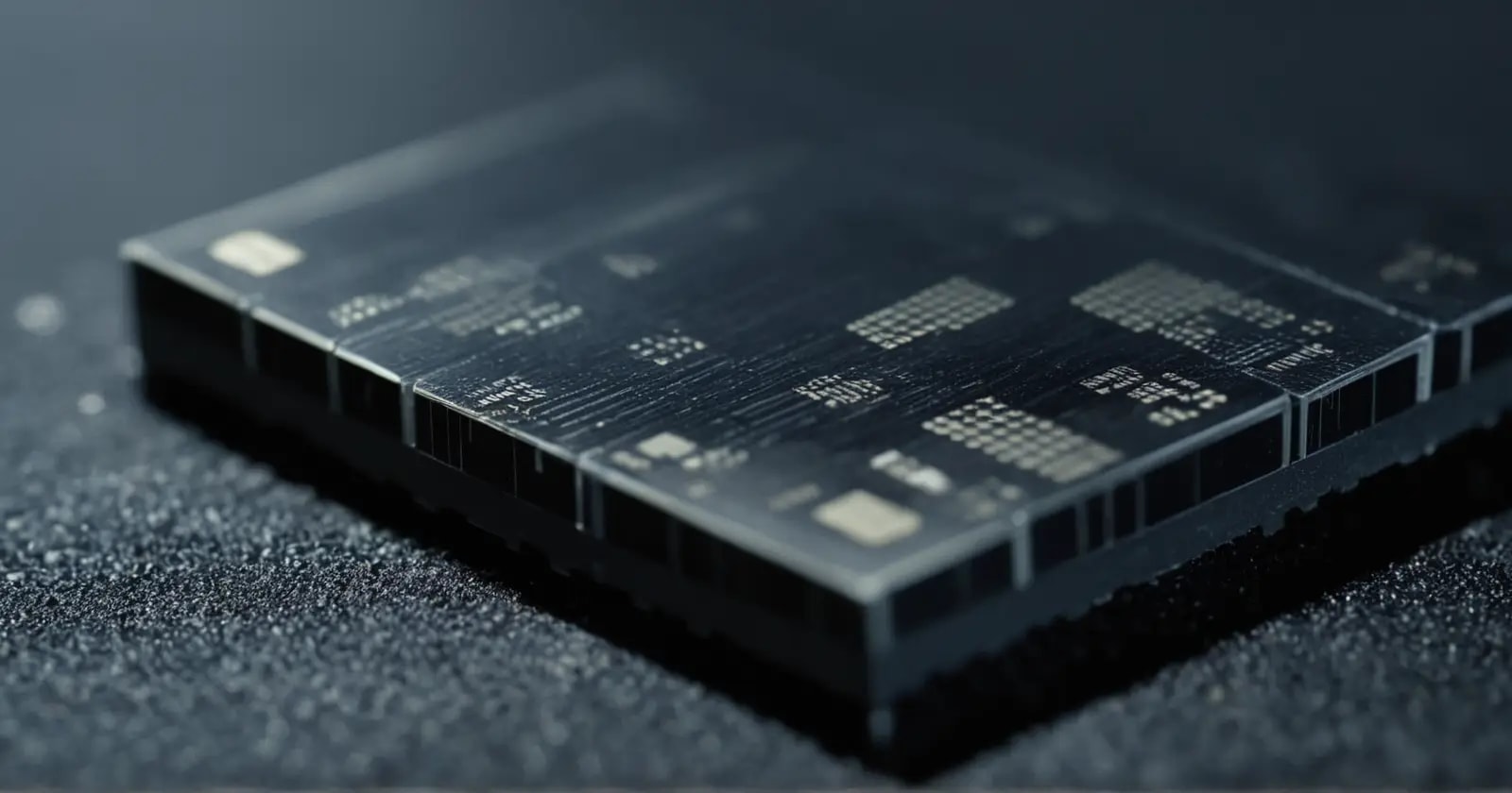 Primer plano del chip de memoria nand mostrando el desgaste y las capas polísilicio expuestas