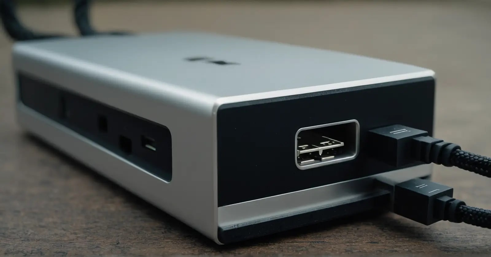 Primer plano de unidad ssd en puertos usb-c, mostrando la conexión para alta velocidad con el protocolo 3.2 gen 2