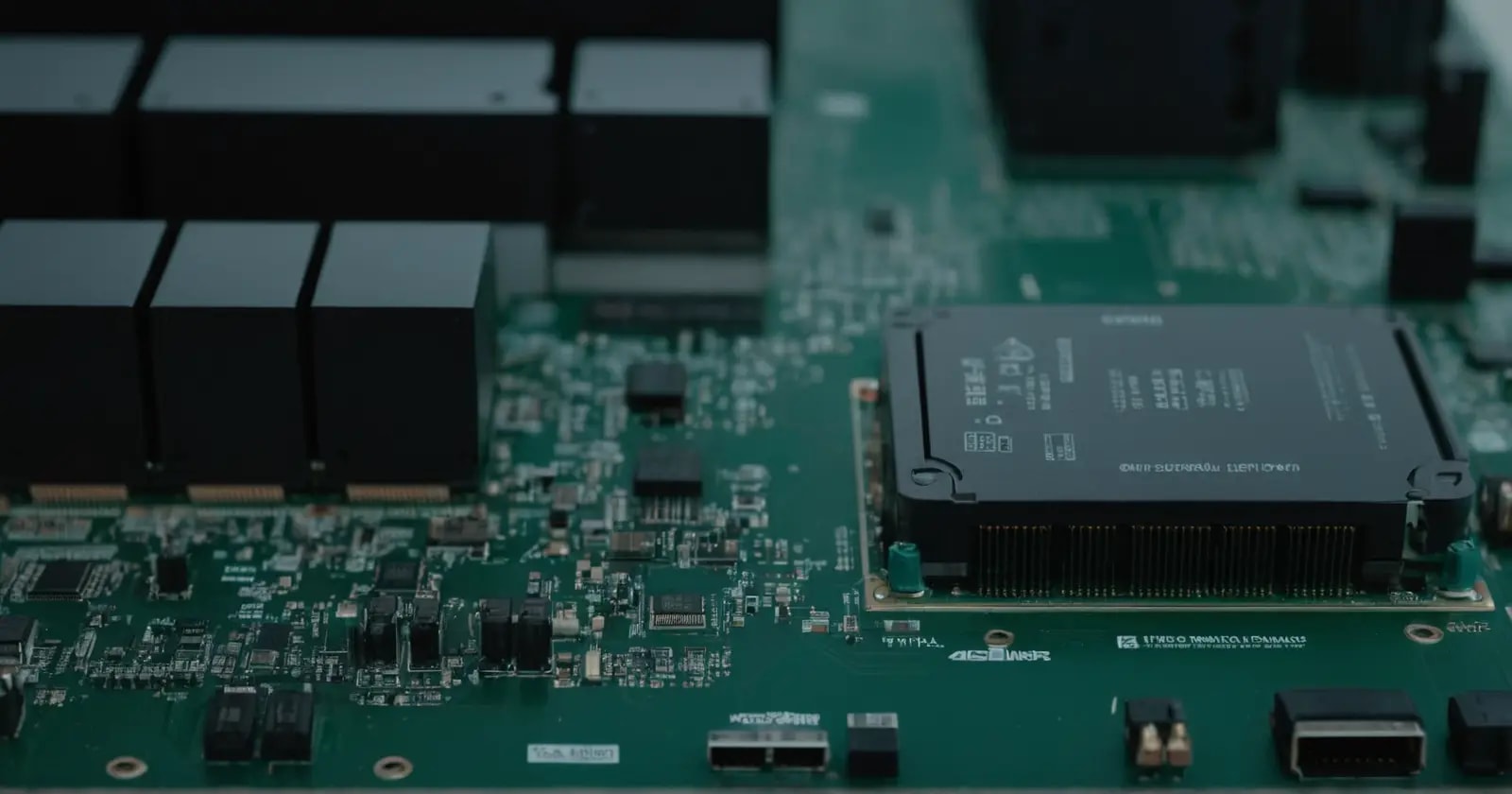 Primer plano de una placa base que muestra vías de datos y ranuras para ilustrar comunicaciones maestro y esclavo