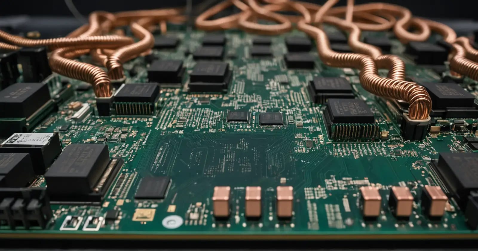 Primer plano de una placa base mostrando slots DIMM y componentes de la memoria caché del sistema