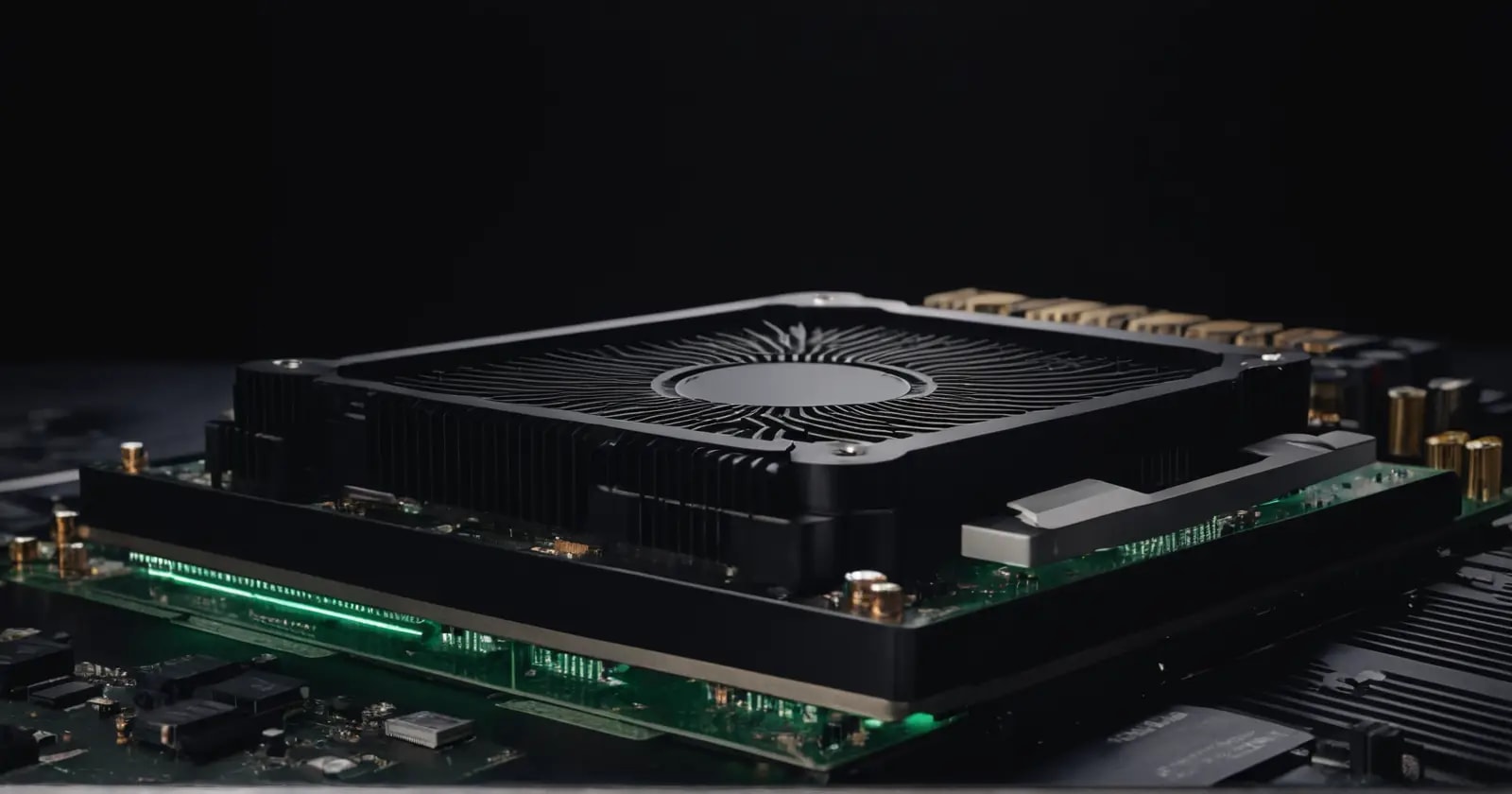 Primer plano de una gpu con disipador y chips vram para el renderizado de gráficos