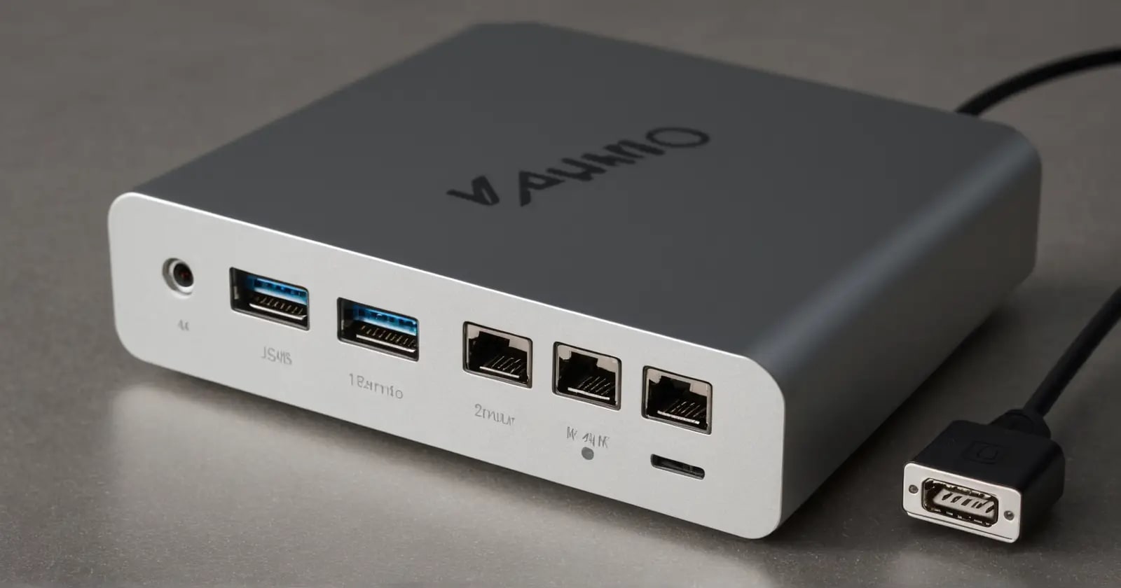 Primer plano de un hub USB-C plateado que muestra conexiones Thunderbolt 4 y USB4 a discos externos