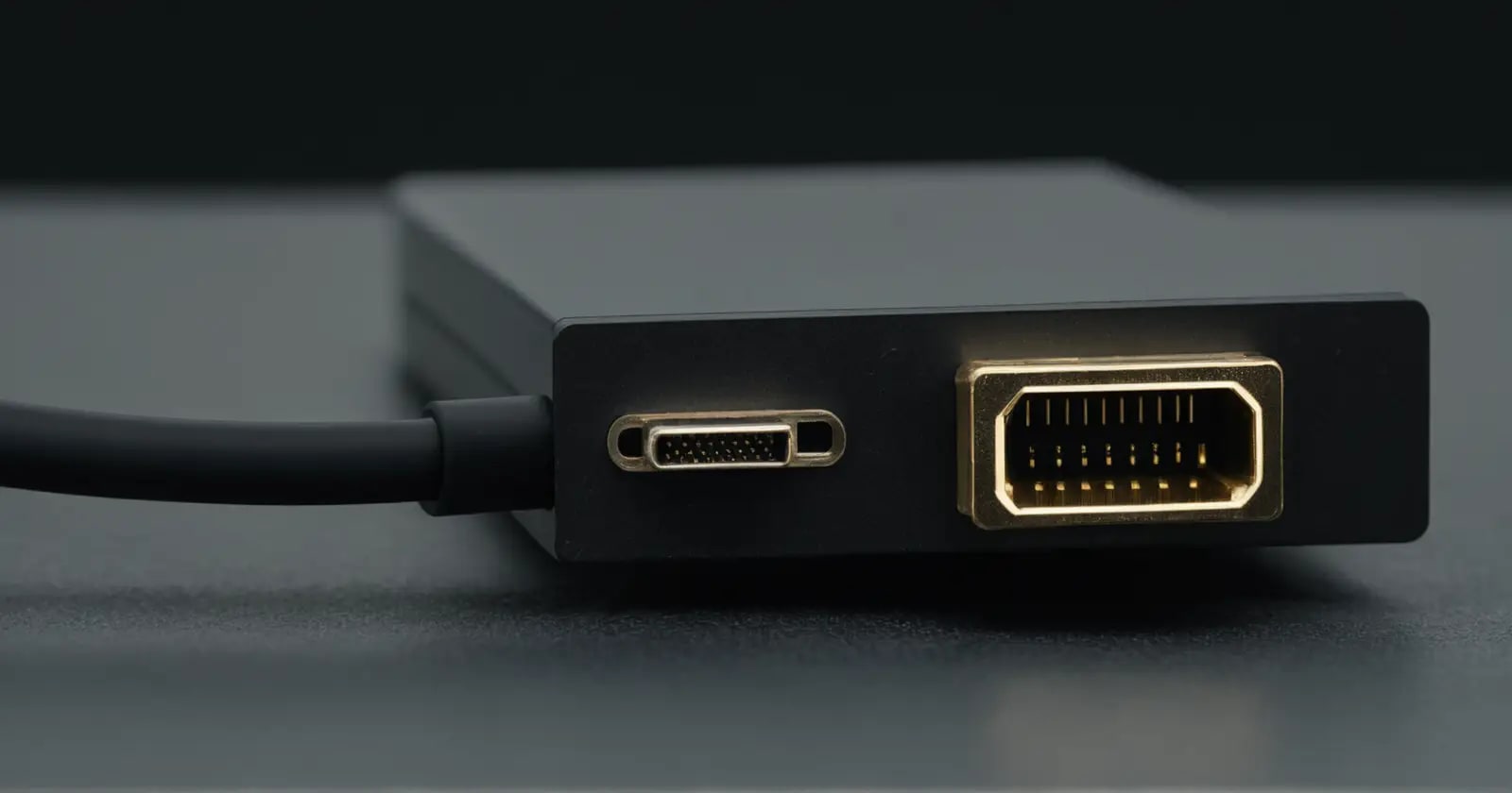 Primer plano de un conector DisplayPort 1.4 metálico conectado a una tarjeta gráfica mediante cable trenzado