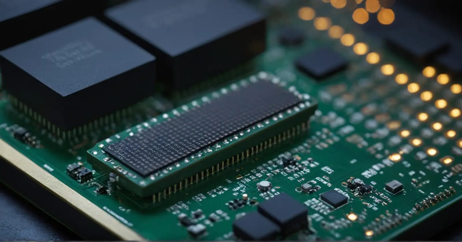 Primer plano de un circuito integrado con matriz de bolas y programador para almacenamiento de firmware incrustado