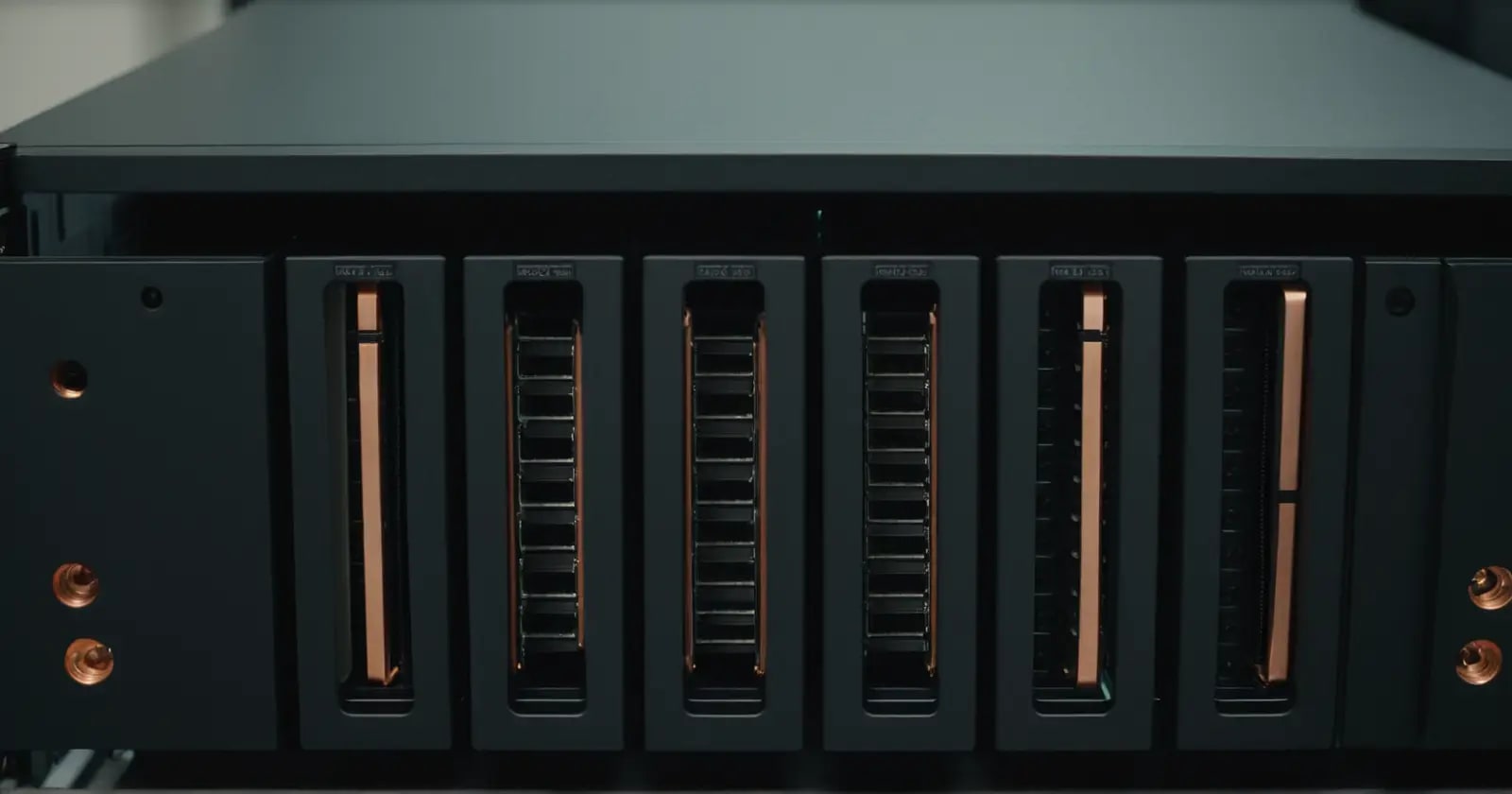 Primer plano de un chasis de almacenamiento hot-swappable mostrando conexiones sas y múltiples bahías para discos duros