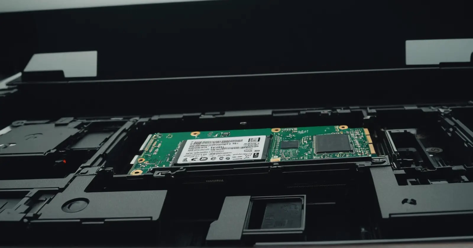 Primer plano de la ranura M.2 2230 para módulos NVMe en el chasis abierto de una laptop