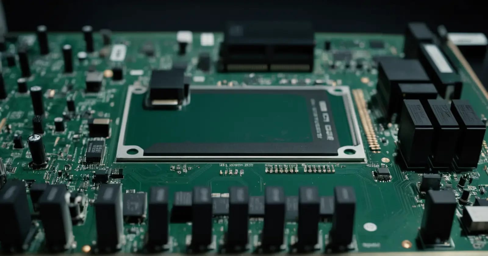 Primer plano de la placa base que muestra las conexiones del procesador y el chipset con trazas de datos de alta velocidad