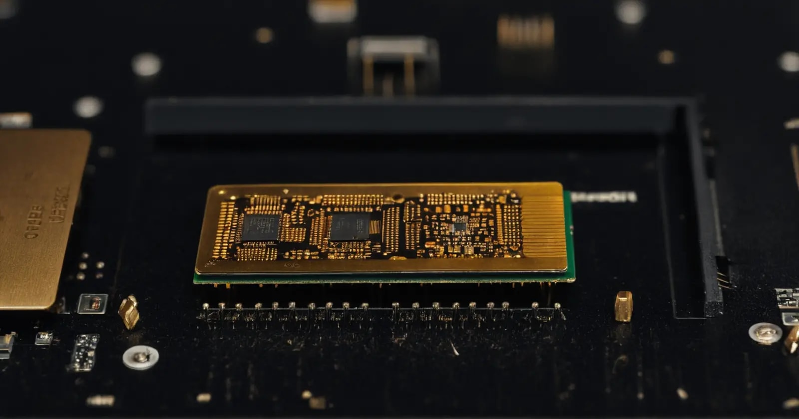 Primer plano de la placa base que muestra el chip flash y pines de conexión para la programación del firmware