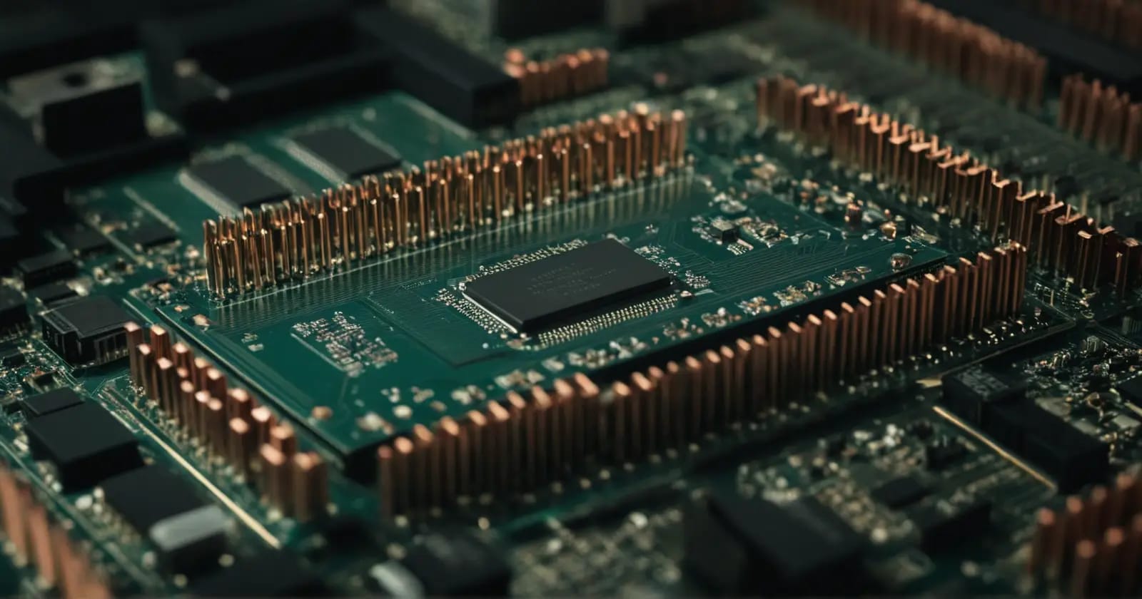 Primer plano de la placa base mostrando las conexiones de datos entre el procesador y la memoria RAM