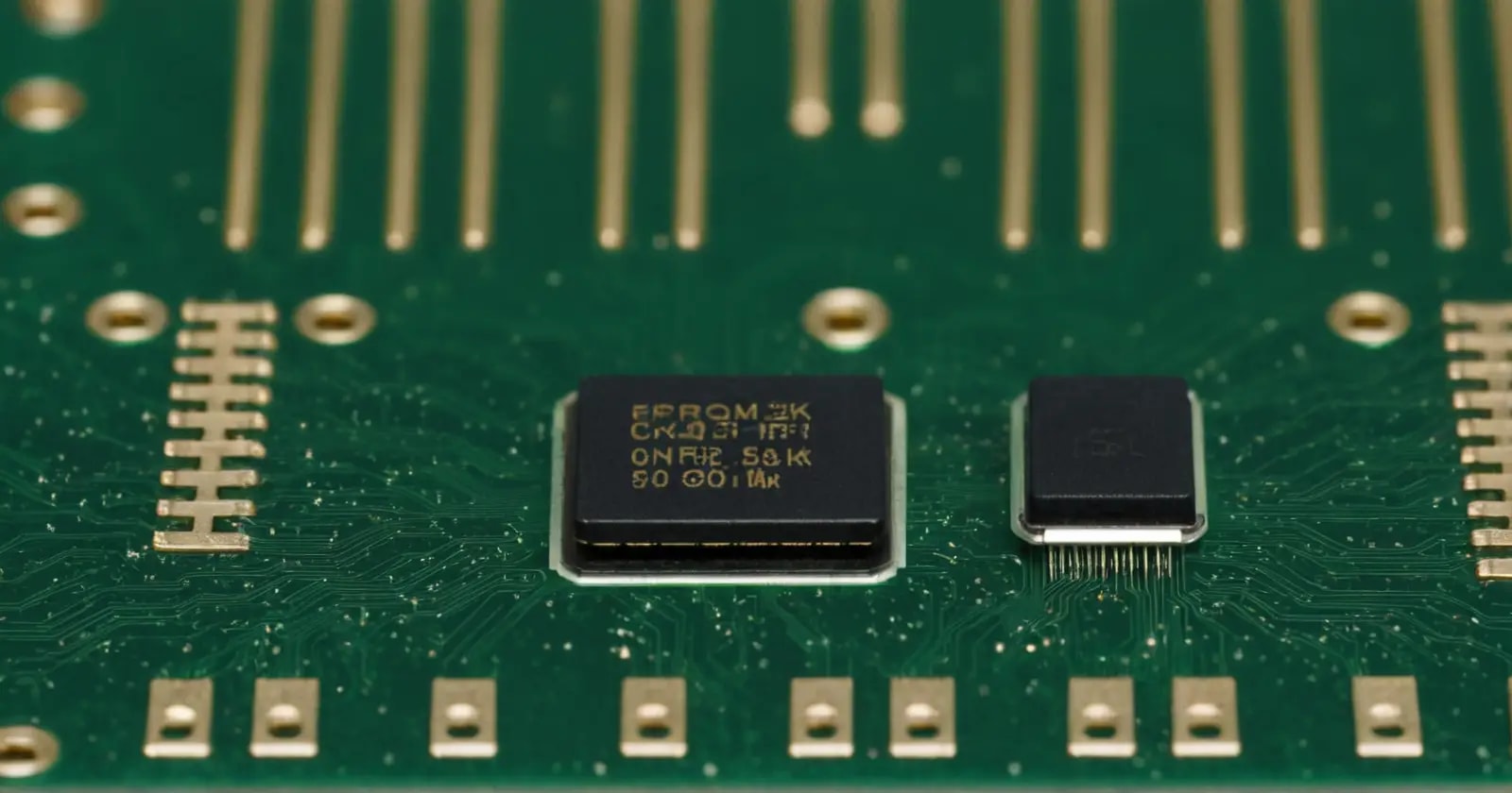 Primer plano de chips integrados, uno flash y otro eePROM, sobre una placa verde