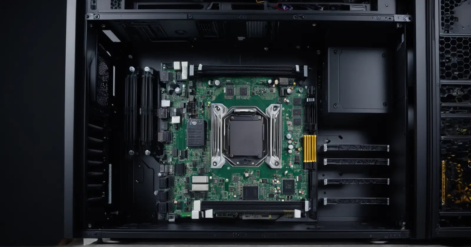 Placa madre micro atx instalada fácilmente dentro de una caja atx grande con espacio suficiente
