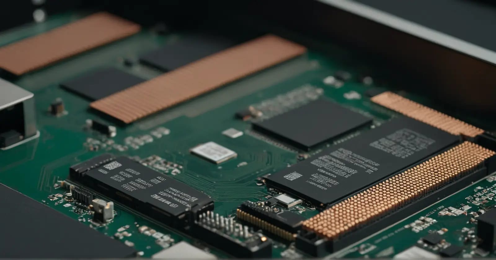 Placa madre con trazas de datos visibles y módulos de memoria ram ddr4 para la gestión del bus de sistema