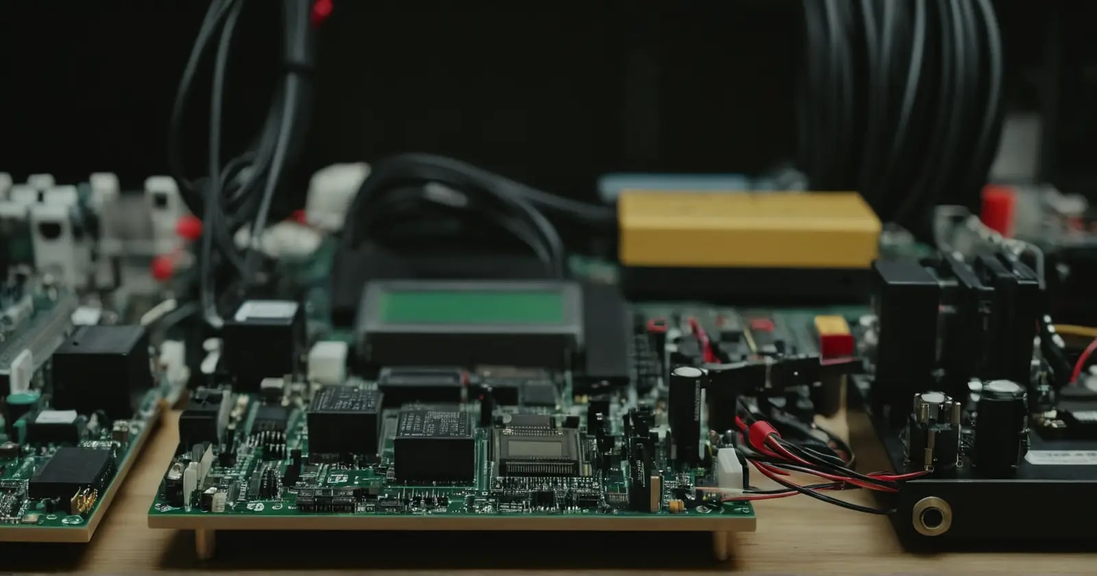 Placa de desarrollo de FPGA con conexiones jtag y equipos de medición en la mesa de trabajo