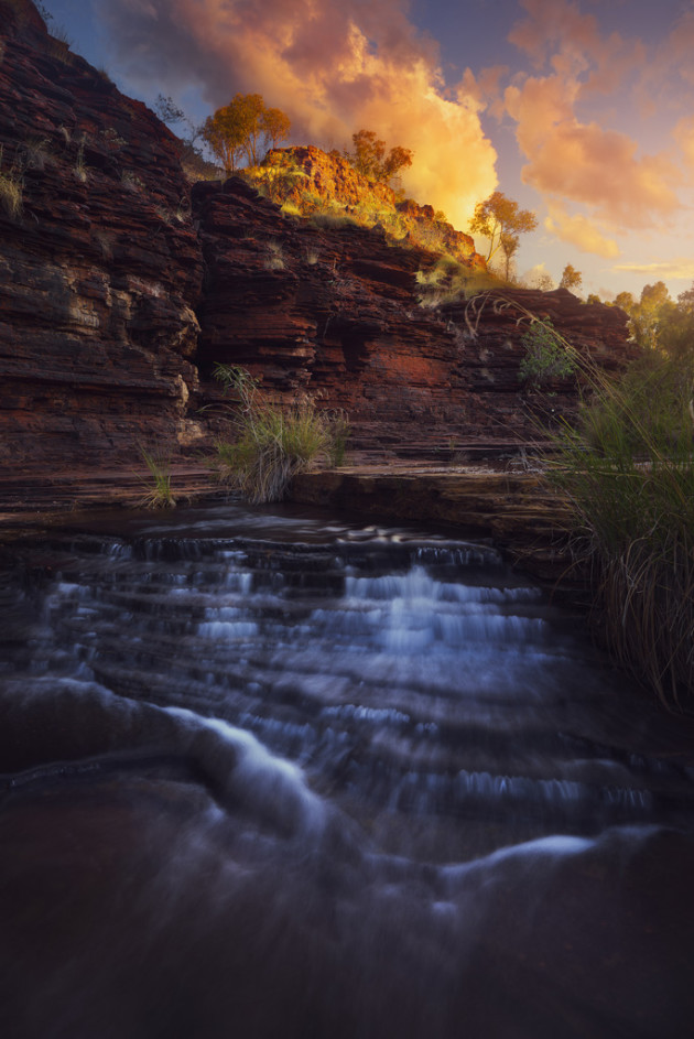 On my way out of one of Karijini’s stunning gorges, the setting sun was catching a rock face above me. I only got a couple of frames before the clouds blocked the sun again. I waited for another 20 minutes or so, but it never came back. Sony A7R, Zeiss 24-70mm lens @ 24mm, 5 seconds at f16, ISO 100.