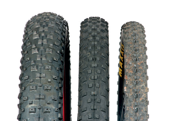Stacked side by side; a 2.4 Maxxis Ardent on a regular 21mm rim, the 3.0 Schwalbe plus tyre and the behemoth 4.8 Snowshoes - pretty easy to pick which is which!