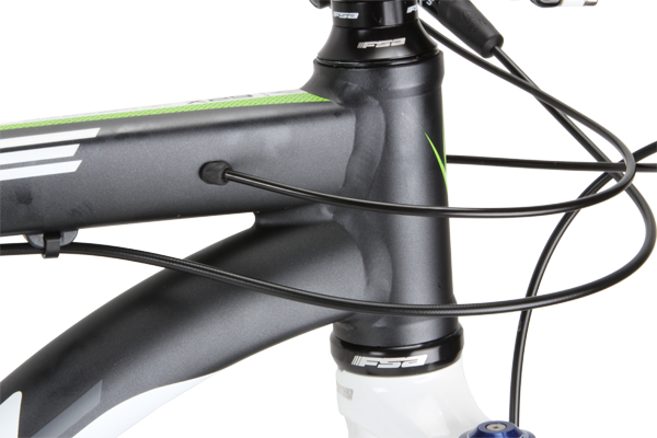 The gear cables are routed internally through the top tube. All cables use full-length outer housing to help weatherproof the bike.