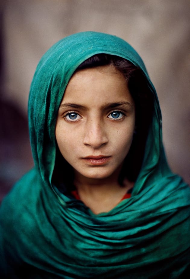 Peshawar, Pakistan, 2002. An Afghan refugee girl in a green headscarf.