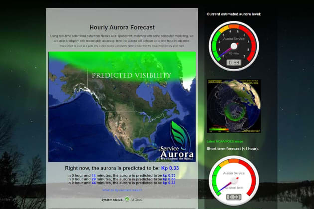 Many sites predict the strength and location of the Aurora Borealis. Most provide a rough estimate of how strong the aurora rating is in terms of 'KP' value (a value of five or more usually indicates a visible Aurora) and where it will appear on a map.