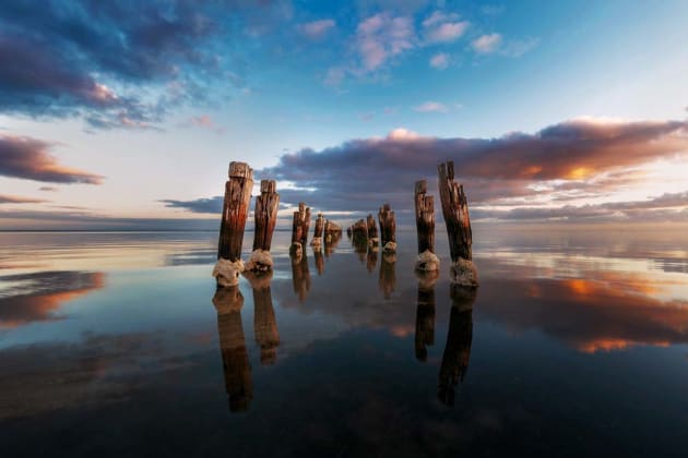 Clifton Springs, Victoria, is a great spot to photograph, but if you set up a tripod at eye height, you won’t get the best angle and reflection. Get down low! Canon EOS 5D Mark III, 16-35mm f4L lens, 1/5s @ f/11, ISO 50, tripod.