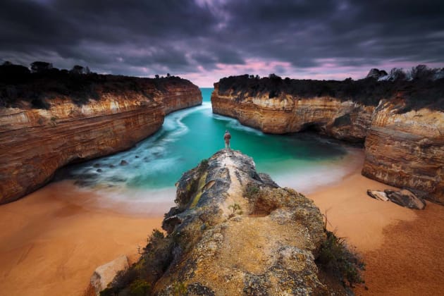 Loch Ard Gorge on the Great Ocean Road, Victoria, is packed with tourist buses during the warmer months and weekends. Get up early to avoid the crowds. ND filters are great for extending shutter times. Canon EOS 5D Mark III, 16-35mm f4L lens, 45s @ f/18, ISO 50, tripod.