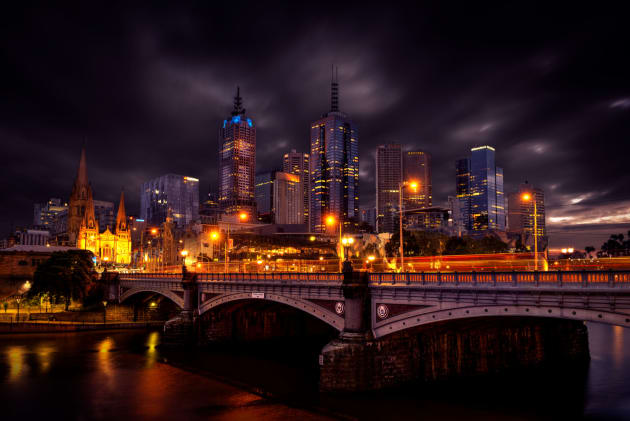 Very early morning image of Melbourne across Princes Bridge.