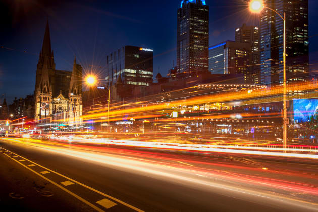 Light trails of trams heading into the City.