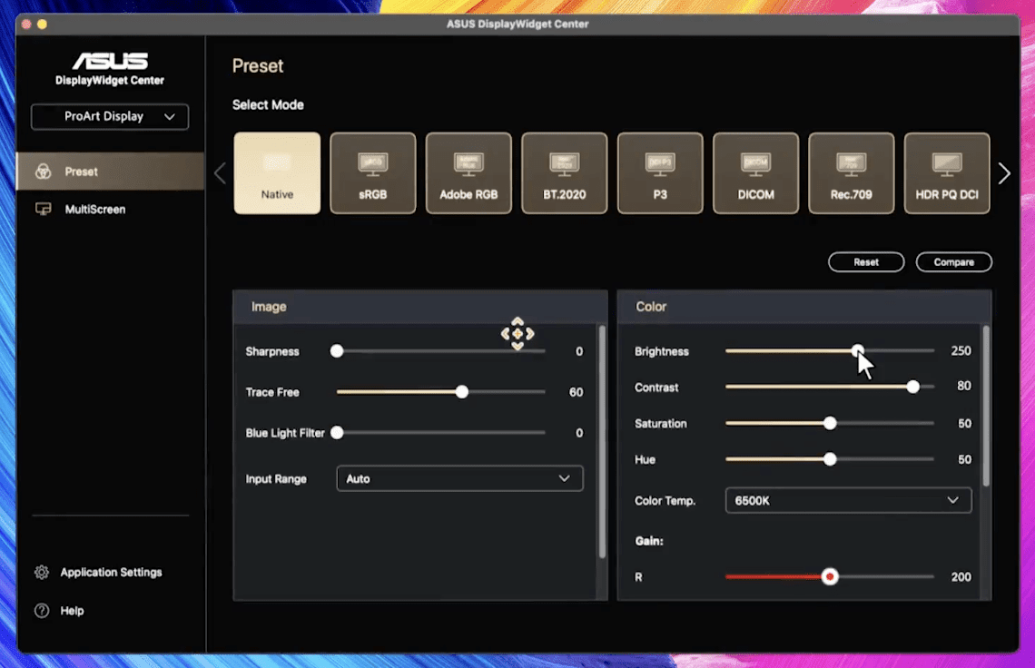 ASUS DisplayWidget Centre is software that provides an intuitive interface to adjust monitor settings, including brightness, contrast, and colour temperature. Image: ASUS