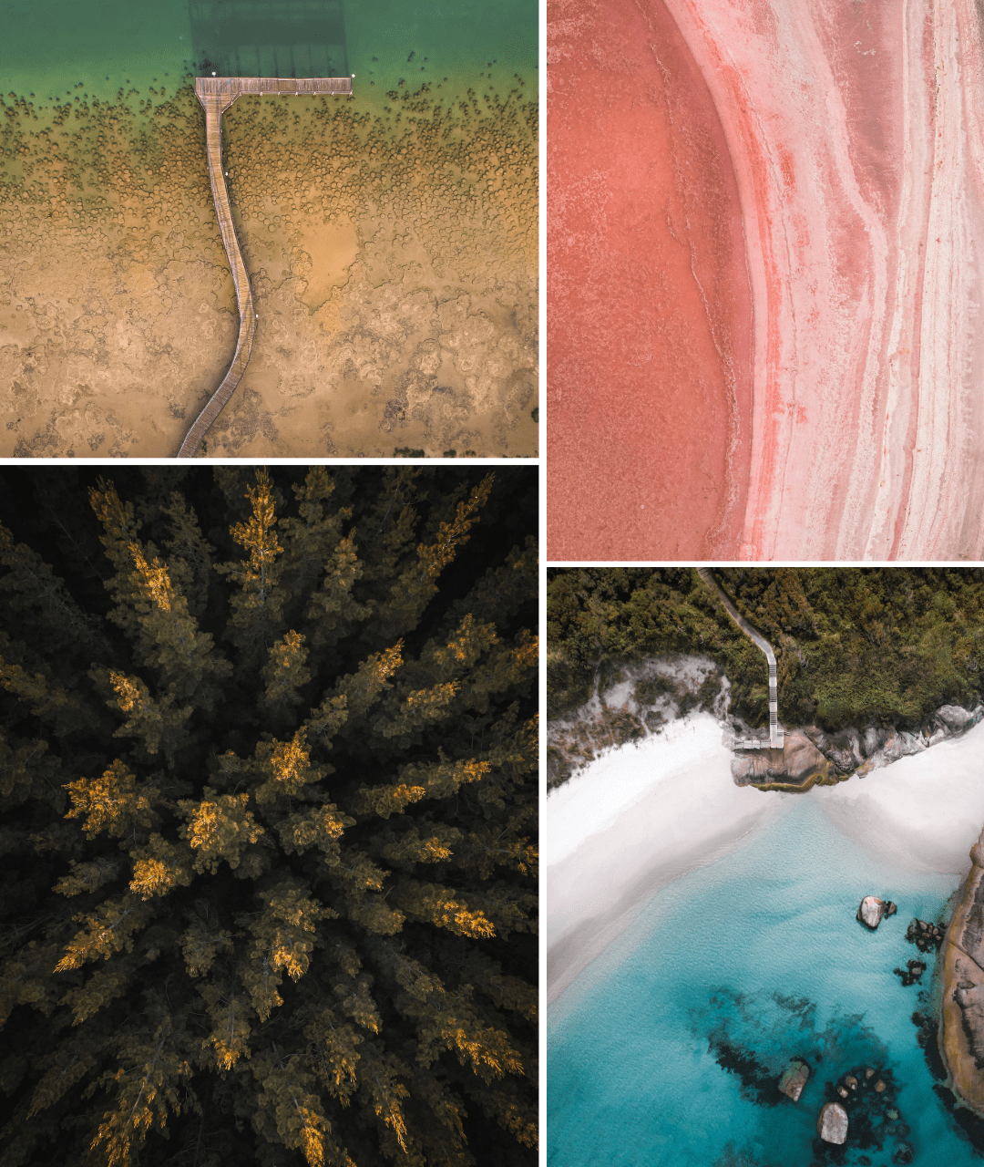 Aerial category, Runner-up, Rachel Jane Panekoek, Southwest textures. Rather than entering four images that tie together visually, Rachel says she sought to showcase four completely different landscapes, while still keeping them tied together through the connection of sharing the same region in south Western Australia. Her series includes images of Cranbrook Pink Lake, Lake Clifton Thrombolites, Greens Pool and Dwellingup Forest – providing viewers with a mini tour of the region from above.