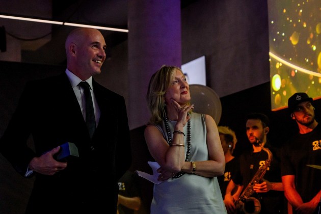 Rowe on stage at the MFA Awards with friend Peter Horgan.