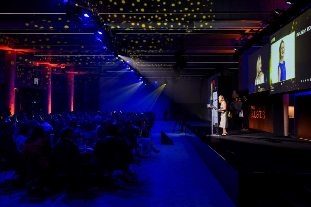 Rowe giving her acceptance speech on stage at MFA Awards.