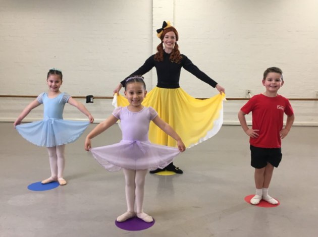 Emma Watkins (Emma Wiggle) with RAD students, Avalon, Sarah and Hudson.